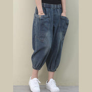 Elegant dark denim blue trousers  summer pockets Cotton shorts - SooLinen