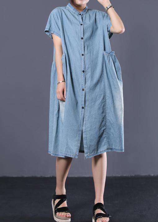 Elegant denim blue cotton clothes Women Cinched pockets long summer Dresses - SooLinen
