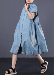 Elegant denim blue cotton clothes Women Cinched pockets long summer Dresses - SooLinen