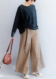 Elegant elastic waist women trousers fall fashion khaki orange plaidFashion Ideas wide leg trousers - SooLinen