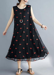 Elegant embroidery lace clothes Sleeve black Dress summer sleeveless - SooLinen