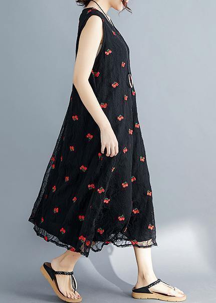 Elegant embroidery lace clothes Sleeve black Dress summer sleeveless - SooLinen