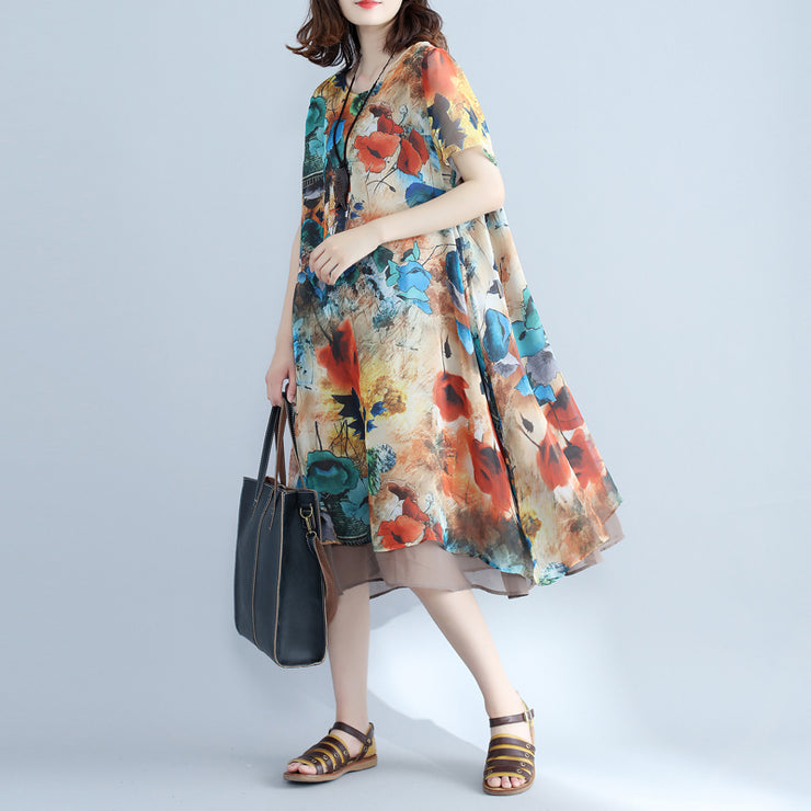 Elegant floral chiffon dress plus size holiday dresses 2018 short sleeve side open chiffon dress