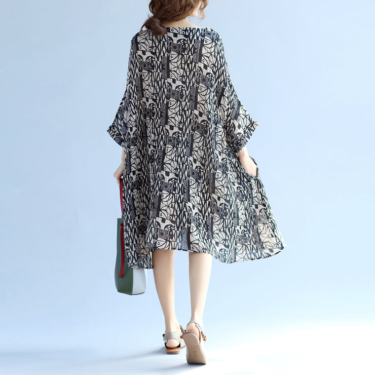 Elegant floral cotton linen knee dress oversized Batwing Sleeve large hem linen cotton dress casual O neck Cinched dresses