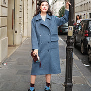 Elegant gray blue Wool Coat plus size Notched Fashion pockets double breasted Wool Coat