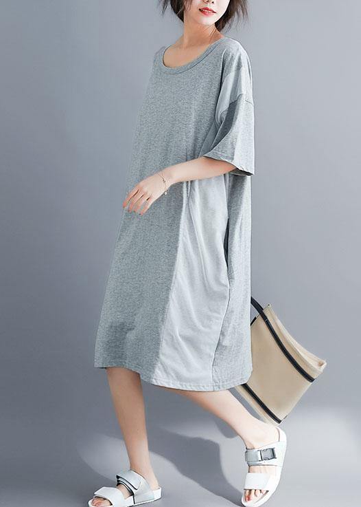 Elegant gray cotton Tunics o neck patchwork Maxi summer Dresses - SooLinen