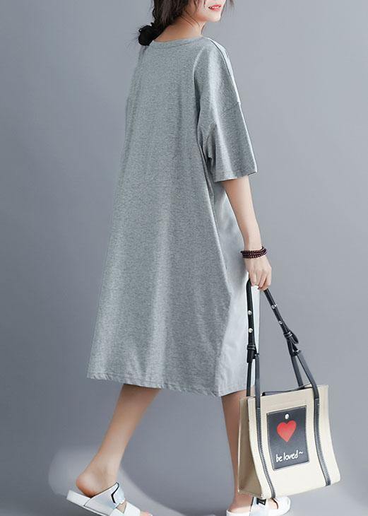 Elegant gray cotton Tunics o neck patchwork Maxi summer Dresses - SooLinen
