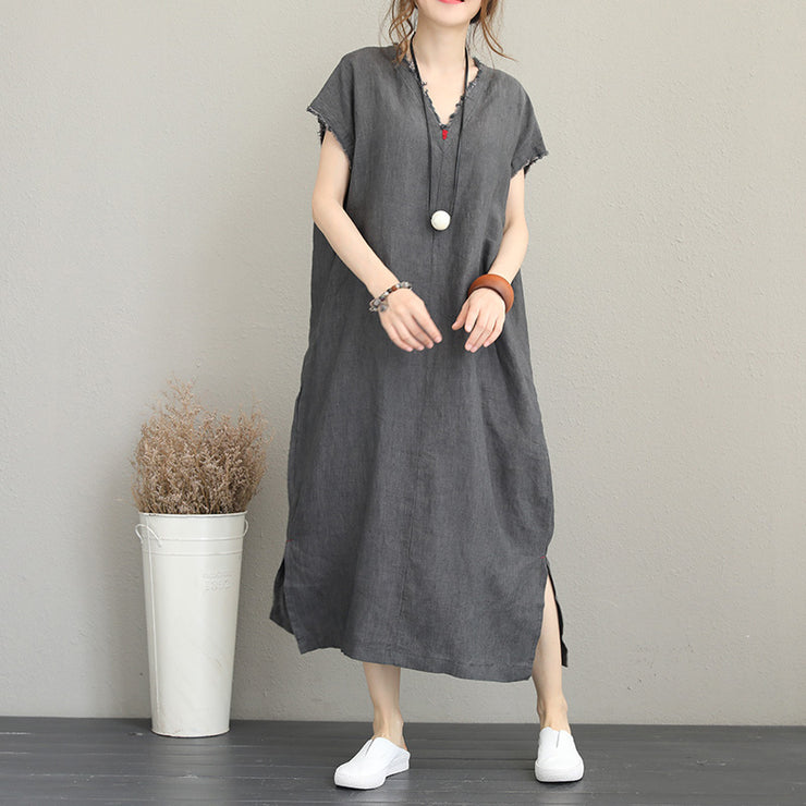 Elegant gray cotton dress trendy plus size v neck caftans 2018 side open kaftans