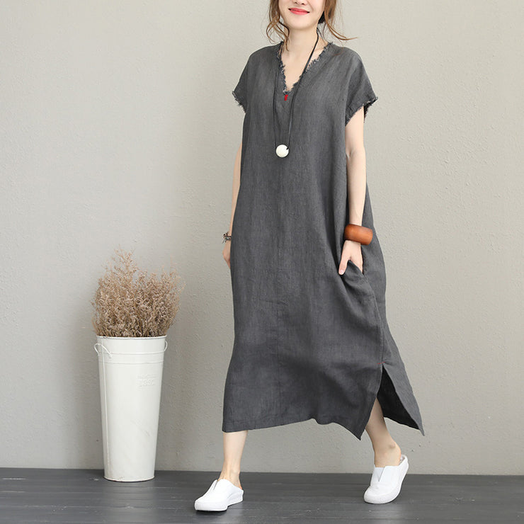Elegant gray cotton dress trendy plus size v neck caftans 2018 side open kaftans