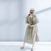 Elegante graue Baumwoll-Leinen-Kleider plus Größen-Baumwollkleider mit elastischer Taille, feines Leinenkleid mit O-Ausschnitt
