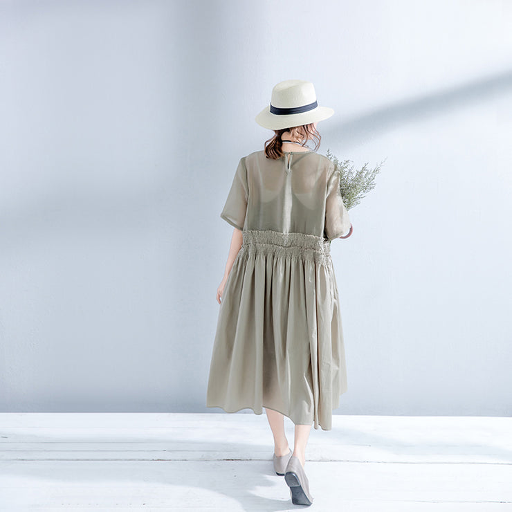 Elegant gray cotton linen dresses plus size elastic waist cotton dresses fine o neck linen clothing dress