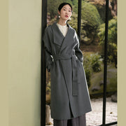 Elegante graugrüne Wollmäntel plus Größenkleidung mit offenem Wintermantel und Taillenoberbekleidung