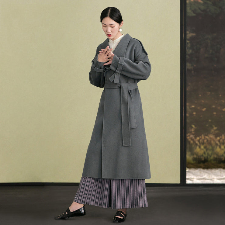 Elegant gray green woolen coats plus size clothing back open winter coat tie waist outwear