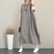 Elegant gray long linen dress plus size o neck traveling dress fine back open linen caftans