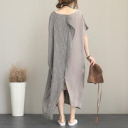 Elegant gray long linen dress plus size o neck traveling dress fine back open linen caftans