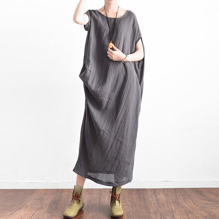 Elegante graue übergroße Sommerkleider aus Leinen, seitlich drapiert aus asymmetrischer Baumwolle