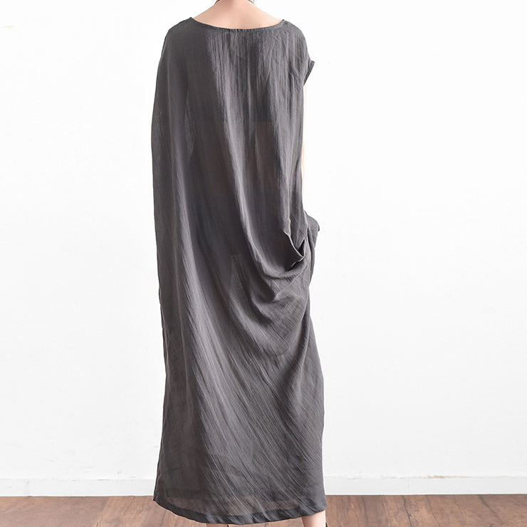Elegant gray oversized summer linen dresses side drape asymmetrical cotton