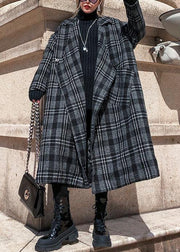 Elegant gray plaid Woolen Coat Women plus size Notched pockets long coats - SooLinen