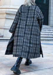 Elegant gray plaid Woolen Coat Women plus size Notched pockets long coats - SooLinen