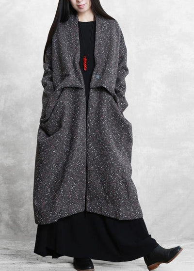 Elegant gray print woolen outwear oversized side open Winter coat - SooLinen