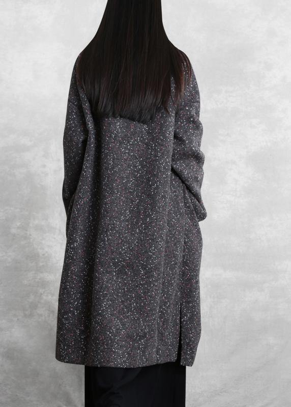 Elegant gray print woolen outwear oversized side open Winter coat - SooLinen