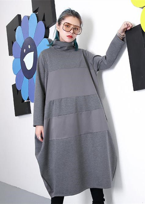 Elegantes graues Etuikleid trendy plus Größe Langarm Neues Rollkragen-Patchwork-Baumwollmischkleid