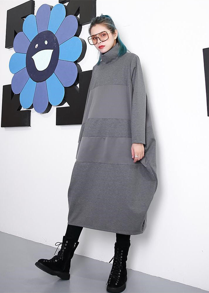 Elegant gray shift dress trendy plus size long sleeve New Turtleneck patchwork cotton blended clothing dress
