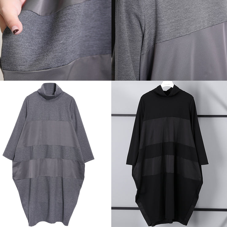Elegantes graues Etuikleid trendy plus Größe Langarm Neues Rollkragen-Patchwork-Baumwollmischkleid