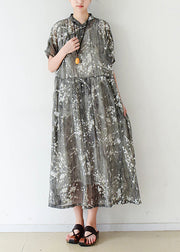 Elegant gray silk Long Shirts fine Cotton Chinese Button Traveling summer Dress
