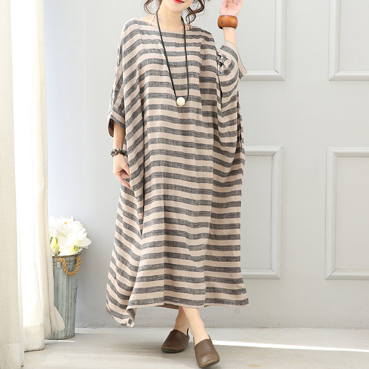 Elegant gray striped long linen dresses Loose fitting o neck gown fine batwing sleeve kaftans