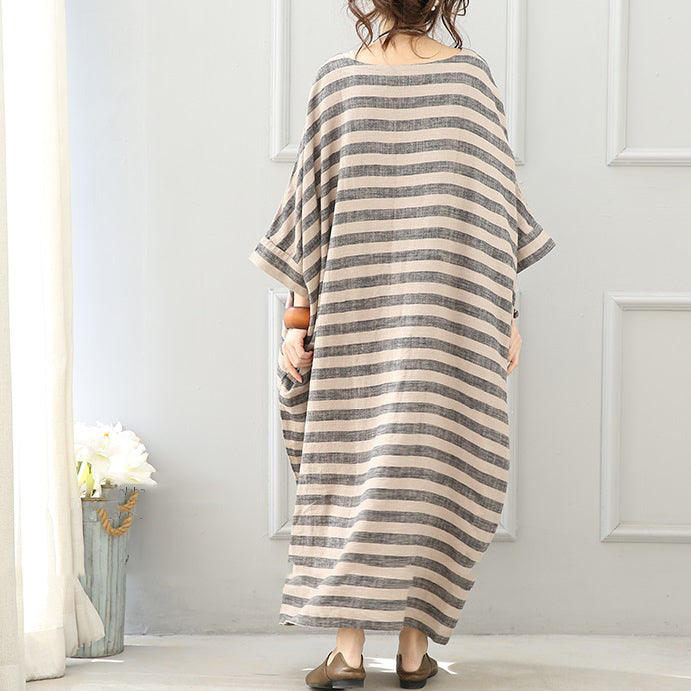 Elegante grau gestreifte lange Leinenkleider Locker sitzendes Kleid mit O-Ausschnitt, feine Kaftane mit Fledermausärmeln
