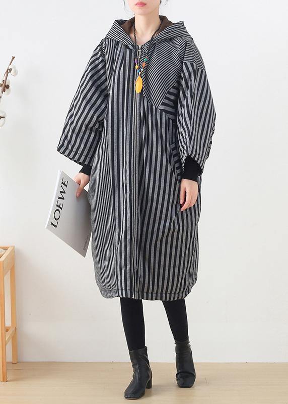 Elegant gray striped womens coats oversized winter hooded patchwork outwear - SooLinen