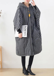 Elegant gray striped womens coats oversized winter hooded patchwork outwear - SooLinen