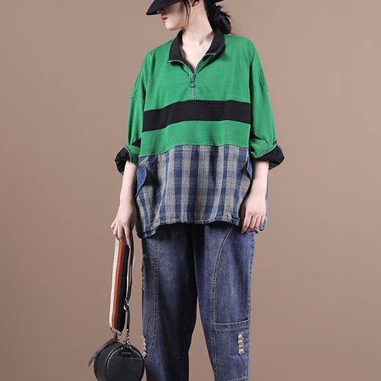 Elegant green Blouse lapel zippered Plus Size Clothing shirt - SooLinen