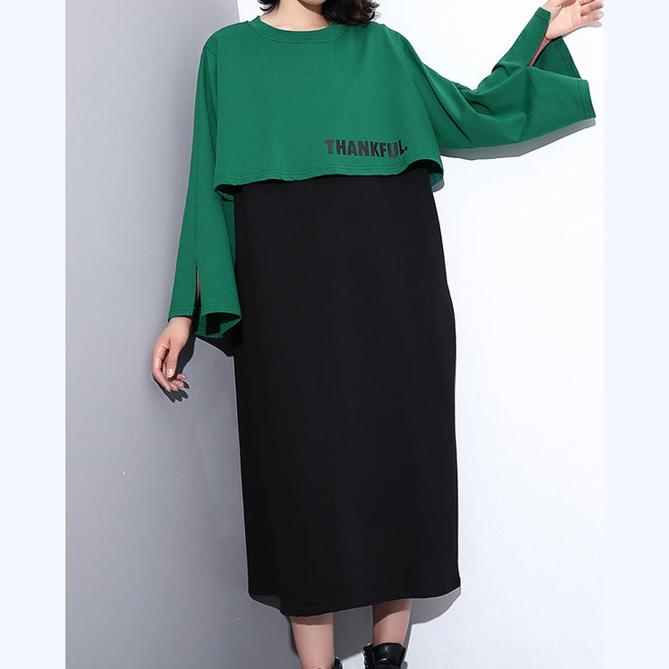 Elegantes grünes Herbst-Baumwollkleid übergroßes O-Ausschnitt-Kleid Neue Faux-Kaftane mit zwei Teilen