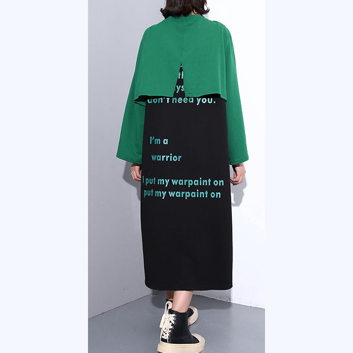 Elegant green autumn cotton dress oversized O neck gown New faux two pieces caftans