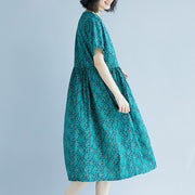 Elegant green cotton linen shift dress oversized maxi dress Fine short sleeve O neck floral cotton linen clothing