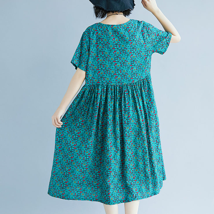 Elegant green cotton linen shift dress oversized maxi dress Fine short sleeve O neck floral cotton linen clothing