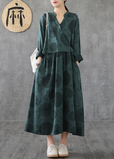 Elegant green embroidery cotton tunics for women o neck patchwork Traveling Dresses - SooLinen