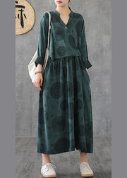 Elegant green embroidery cotton tunics for women o neck patchwork Traveling Dresses - SooLinen