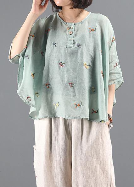Elegant green embroidery tunic pattern o neck Batwing Sleeve Knee  blouses - SooLinen