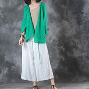 Elegant green midi linen pullover Loose fitting holiday tops vintage half sleeve v neck tie waist brief t shirt