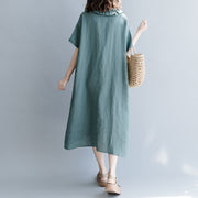 Elegantes grünes Leinenkleid aus natürlicher Baumwolle, trendige Urlaubskleider in Übergröße, lässige Kurzarm-Patchwork-Peter-Pan-Kragentaschen, Kniekleider