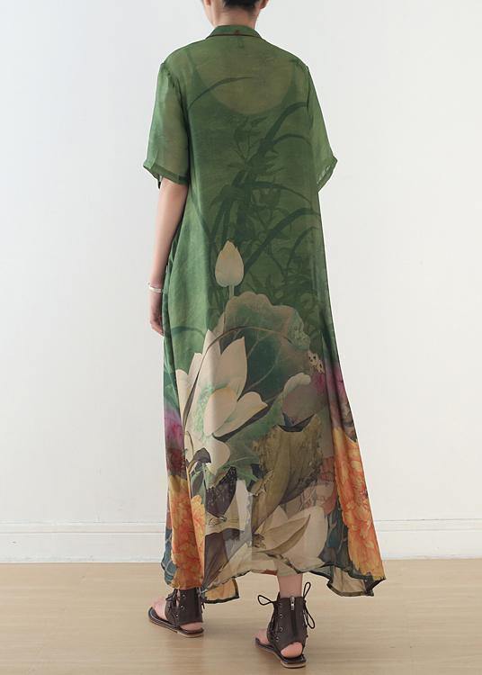 Elegant green print chiffon clothes 18th Century Fabrics stand collar side open Love Dress - SooLinen
