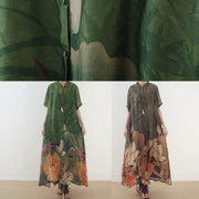 Elegant green print chiffon clothes 18th Century Fabrics stand collar side open Love Dress - SooLinen