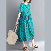 Elegant green print cotton linen maxi dress trendy plus size short sleeve long dresses New o neck clothing dresses