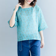 Elegant green print cotton linen pullover plus size cotton linen clothing tops women Half sleeve Square Collar tops