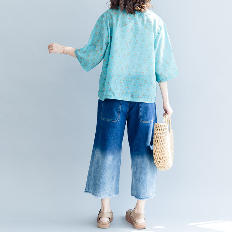 Eleganter Baumwoll-Leinen-Pullover mit grünem Druck plus Größen-Baumwoll-Leinen-Kleidungsoberteile für Damen Halbarm-Oberteile mit quadratischem Kragen