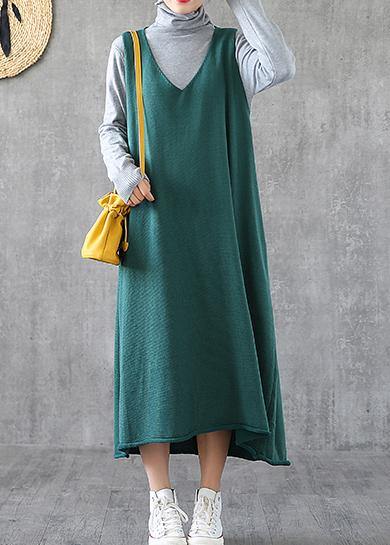 Elegant green quilting dresses v neck sleeveless Dresses spring Dress - SooLinen
