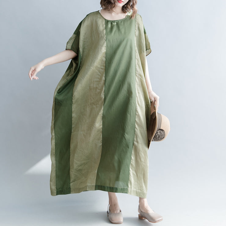 Elegante grün gestreifte Leinenmischkleider lässig O-Ausschnitt Baggy Kleider Leinenmischkleidung Kleid Vintage Fledermausärmel Patchwork Maxikleider